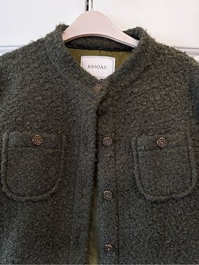 RIHOAS Dark Olive Textured Bouclé Jacket with Decorative Buttons